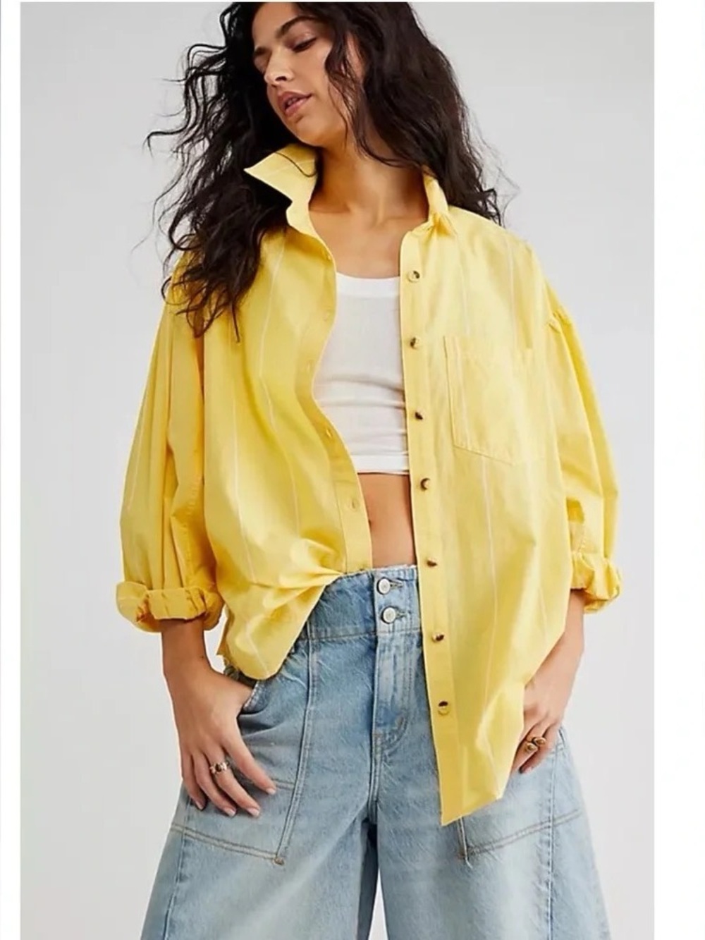 Free People Happy Hour Stripe Top Yellow Combo Boho Oversized Women Size S